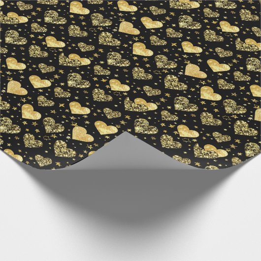 Black With Gold Sparkle Hearts Cadeaupapier (Hoek)