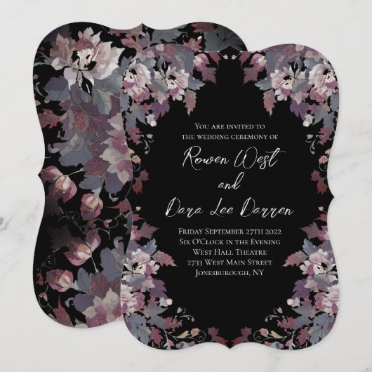 Black with Moody Dark Floral Wedding Invitations Kaart (Voorkant / Achterkant)