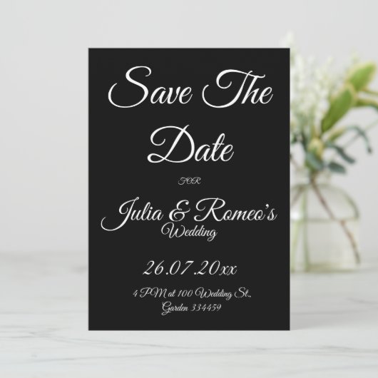 Black with White Script Save The Date Card  Kaart (Staand voorkant)