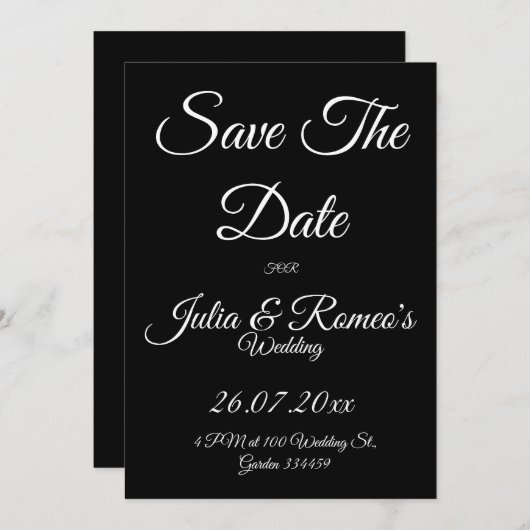 Black with White Script Save The Date Card  Kaart (Voorkant / Achterkant)
