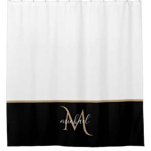 Black | Witte en goudmonogram Elegant Luxe Douchegordijn (Voorkant)