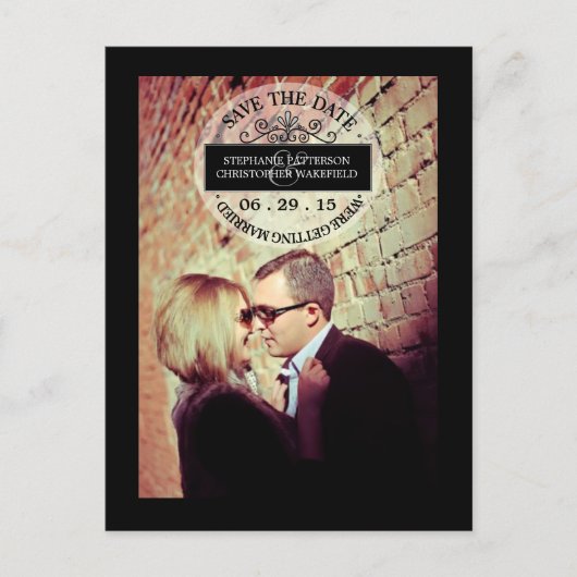 Black | Witte grafische stempel Save the Date Brie Aankondigingskaart (Voorkant)