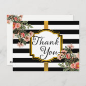 Black | Witte strepen Bloemen Dank u Briefkaart (Voorkant / Achterkant)