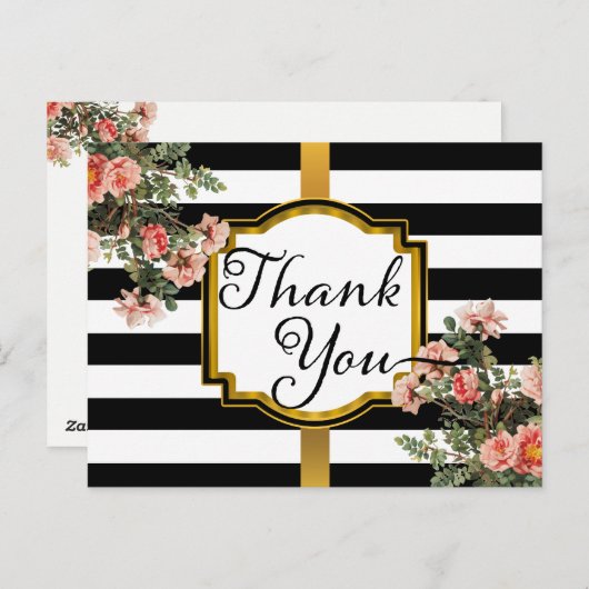 Black | Witte strepen  Bloemen Dank u Briefkaart (Voorkant / Achterkant)