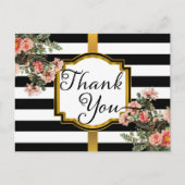 Black | Witte strepen  Bloemen Dank u Briefkaart (Voorkant)