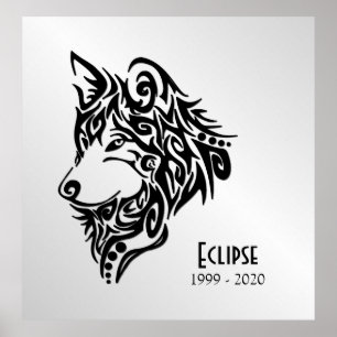 Black Wolf Head met naam en datum Poster