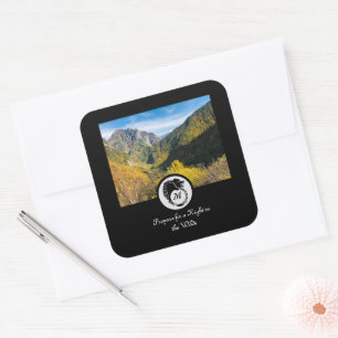 Black Wolf Silhouette Laurel Monogram Foto Vierkante Sticker