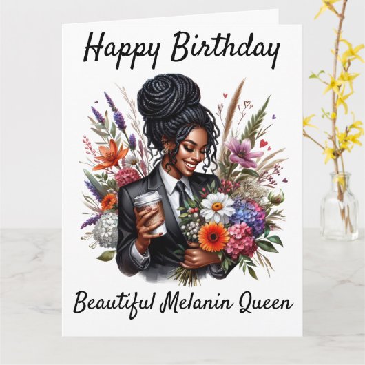 Black woman birthday card kaart (Gele Bloem)