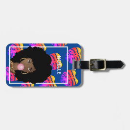 Black Woman, Bubblegum, tropische bladeren, marine Bagagelabel