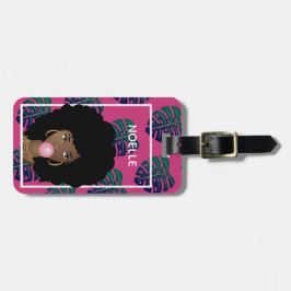 Black Woman, Bubblegum, tropische bladeren, warm r Bagagelabel