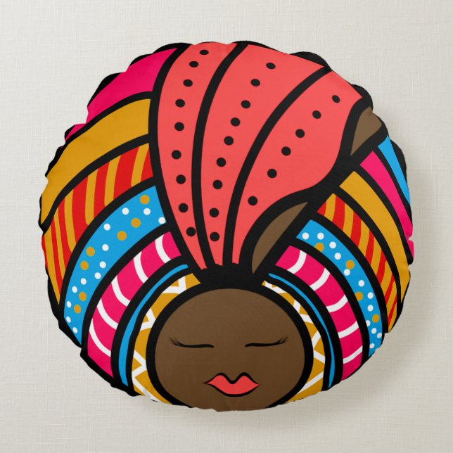 Black Woman Colorful Turban, Oranje Rond Kussen (Voorkant)