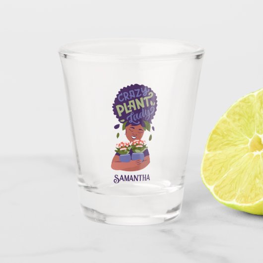 Black Woman Crazy Plant Lady, Hugging Planten Shot Glas (Voorkant)