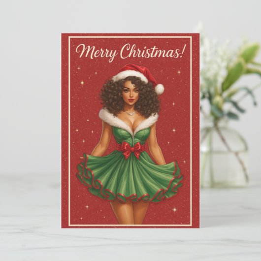 Black Woman Curly-Haired Santa Beauty Feestdagenkaart (Staand voorkant)