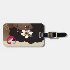 Black Woman Flower in Hair, Monogram, roze & beige Bagagelabel