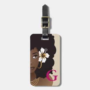 Black Woman Flower in Hair, Monogram, roze & beige Bagagelabel