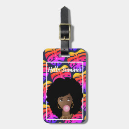 Black Woman, Hallo zomerkleurige tropische bladere Bagagelabel