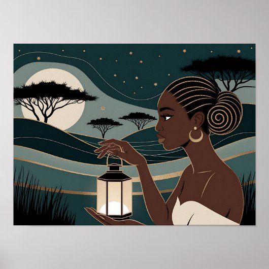 Black Woman Holding a Lantern at Night Poster (Voorkant)