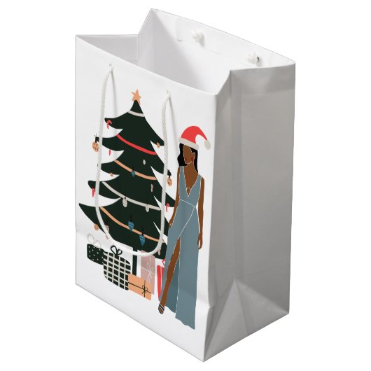 Black Woman Holiday Gift Bag Medium Cadeauzakje (Voorkant Gekanteld)