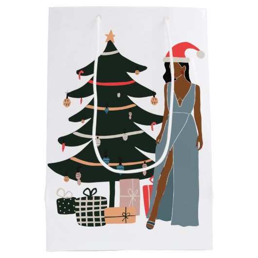 Black Woman Holiday Gift Bag Medium Cadeauzakje (Achterkant)
