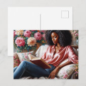 Black Woman In Pink Reading Floral Art Briefkaart (Voorkant / Achterkant)