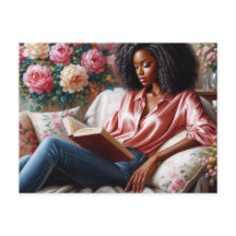 Black Woman In Pink Reading Floral Art