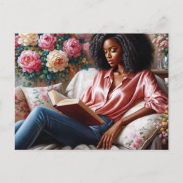 Black Woman In Pink Reading Floral Art Briefkaart