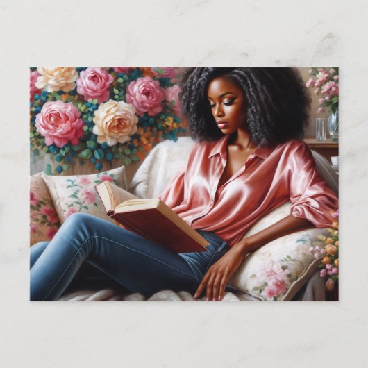 Black Woman In Pink Reading Floral Art Briefkaart (Voorkant)