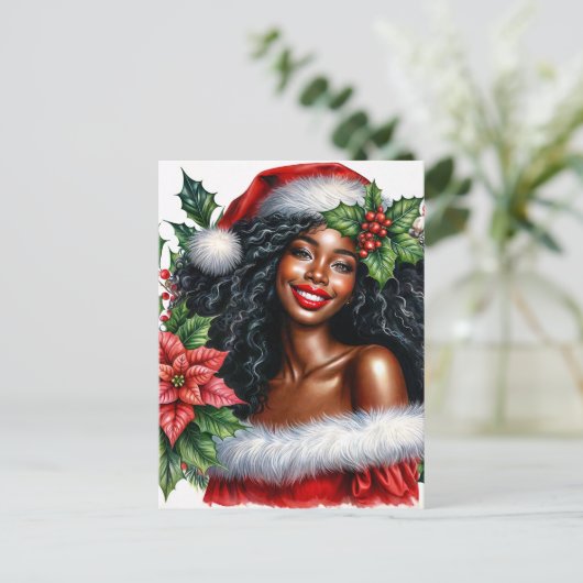 Black Woman In Santa Hat Christmas Briefkaart (Staand voorkant)