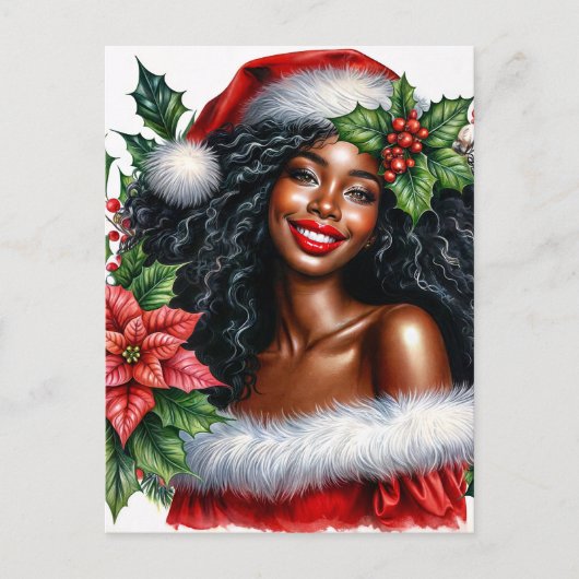 Black Woman In Santa Hat Christmas Briefkaart (Voorkant)