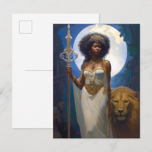 Black Woman Queen met Lion Fantasy Art Briefkaart (Voorkant / Achterkant)