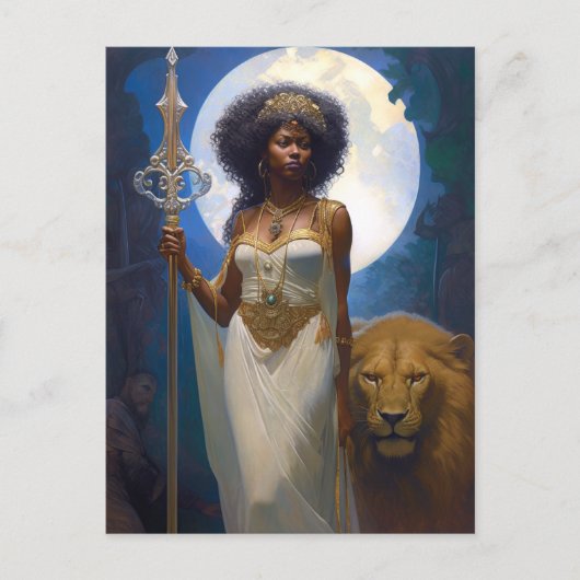 Black Woman Queen met Lion Fantasy Art Briefkaart (Voorkant)