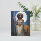 Black Woman Queen met Lion Fantasy Art Briefkaart (Staand voorkant)