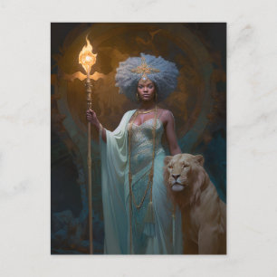 Black Woman Queen met Lion Fantasy Art Briefkaart