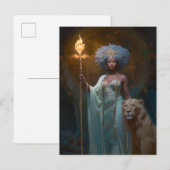Black Woman Queen met Lion Fantasy Art Briefkaart (Voorkant / Achterkant)