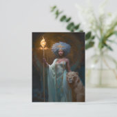 Black Woman Queen met Lion Fantasy Art Briefkaart (Staand voorkant)