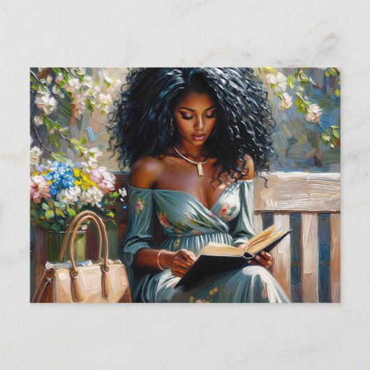 Black Woman Reading - Spring Floral Art Briefkaart (Voorkant)