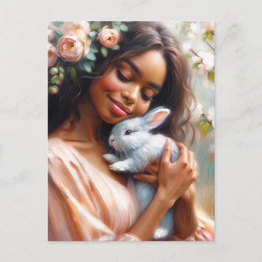 Black Woman Smiling With Cute Bunny Floral  Briefkaart (Voorkant)
