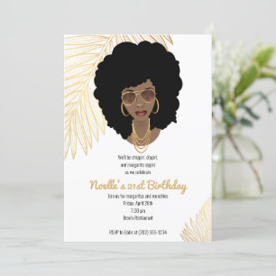 Black Woman w/Shades, Tropical Gold 21st Birthday Kaart