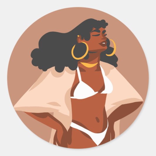 Black Woman, White Bikini, Beach Ready Ronde Sticker (Voorkant)