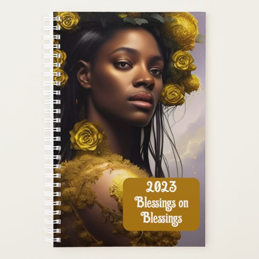 Black woman white roses and gold embellishments planner (Voorkant)