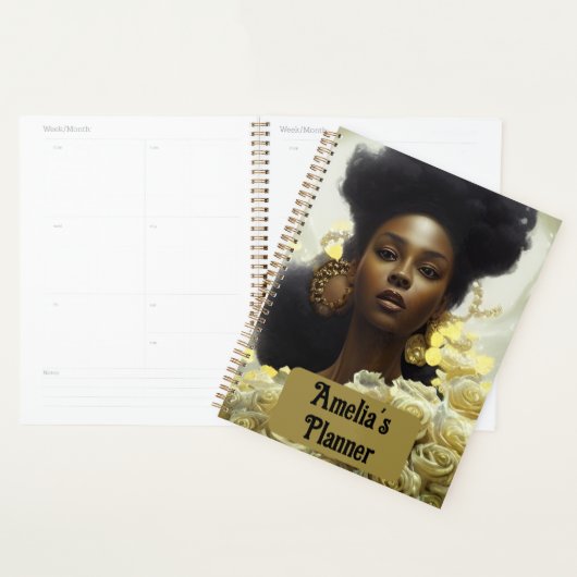 Black woman white roses and gold embellishments planner (Display)