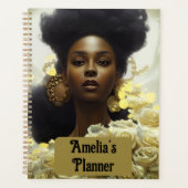 Black woman white roses and gold embellishments planner (Voorkant)