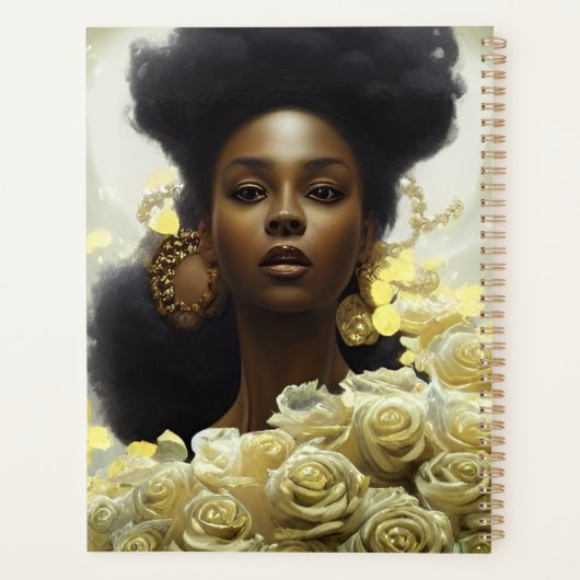Black woman white roses and gold embellishments planner (Achterkant)