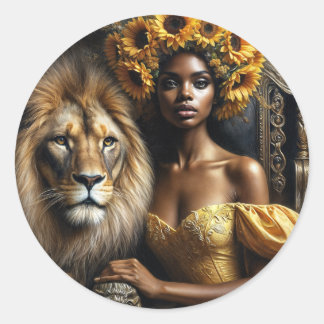 Black Woman With Lion Sunflower Crown Ronde Sticker