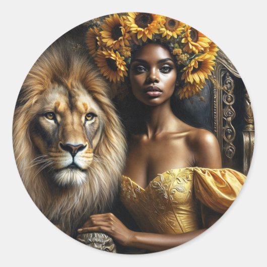 Black Woman With Lion Sunflower Crown Ronde Sticker (Voorkant)