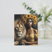 Black Woman With Lion Sunflower Leo Briefkaart (Staand voorkant)
