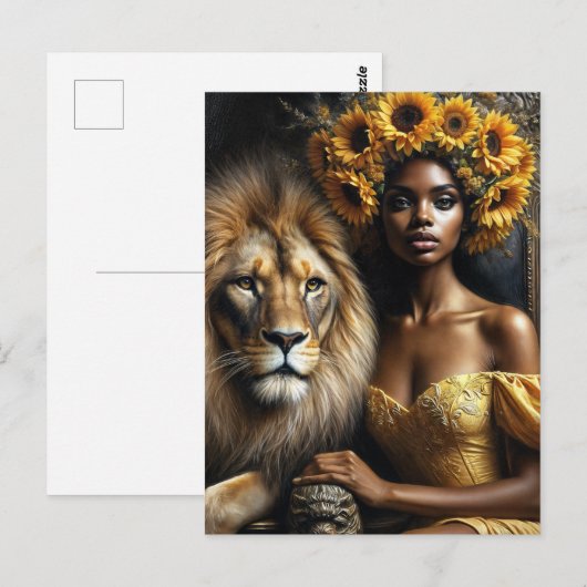 Black Woman With Lion Sunflower Leo Briefkaart (Voorkant / Achterkant)