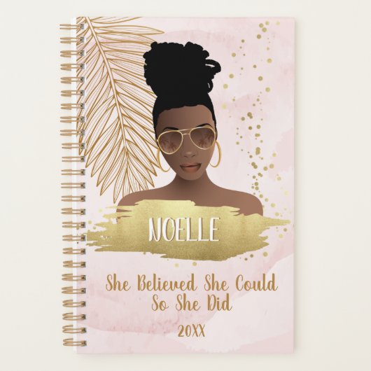 Black Woman, ze dacht dat ze het kon, roze en goud Planner (Voorkant)