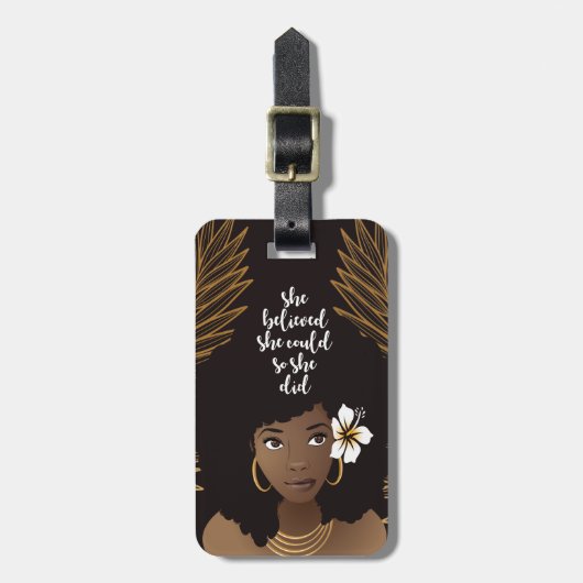 Black Woman, ze dacht dat ze kon, goud en zwart Bagagelabel (Voorkant verticaal)