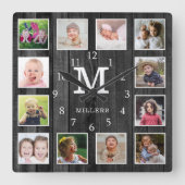 Black Wood 12 Photo Collage Family Name Monogram  Vierkante Klok (Voorkant)